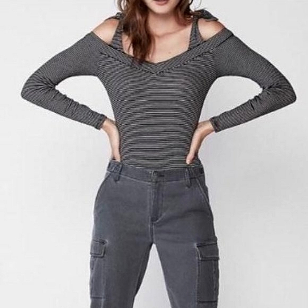 Express Women's Striped Off the Shoulder Thong Bodysuit. Medium NWOT